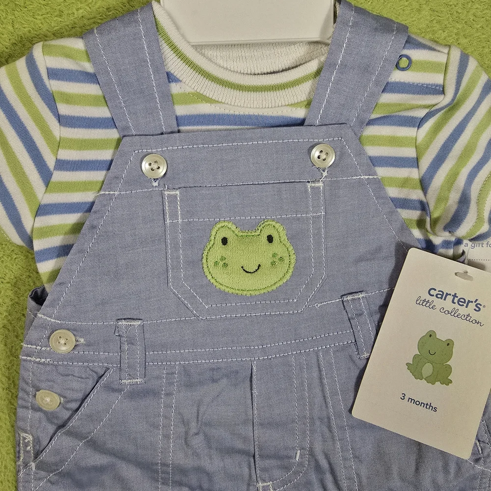 NWT 3-6M Baby BOYS OVERALLS + TEE SHIRT Carter's Blue + Green Frog 2P Set (Q2)